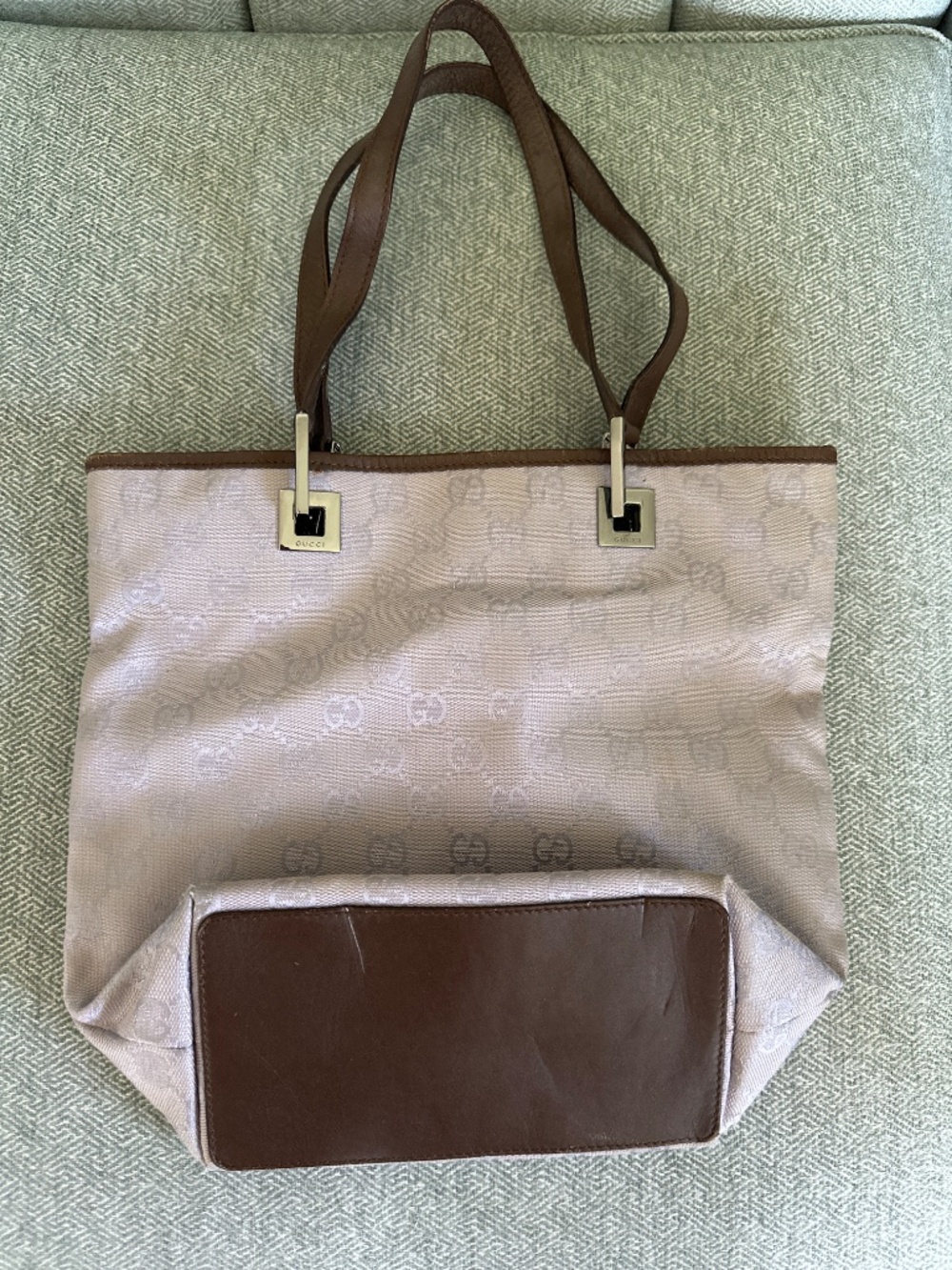 Vintage Gucci GG Monogram Canvas Tote Brown Leather Made in Italy - Picture 4 of 4